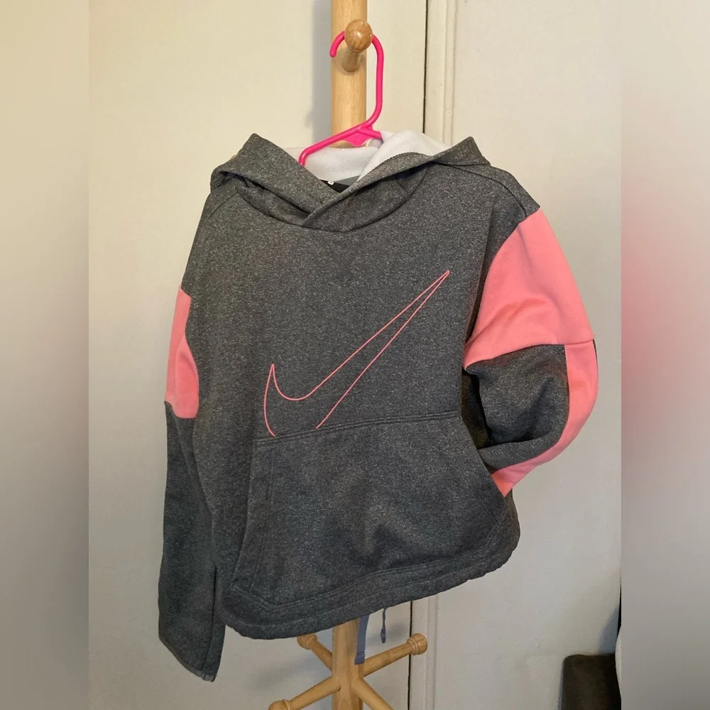 Nike Dri Fit Kids Heathered Gray and Pink Nike Swoosh Light Fleece Lined Hoodie